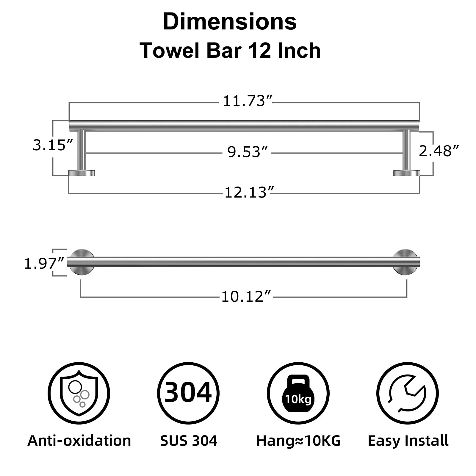 Towel Bar 12 Inch Brushed Nickel Towel Rack Wall Mounted Thick Stainless Steel Shower Towel Rack For Bathroom