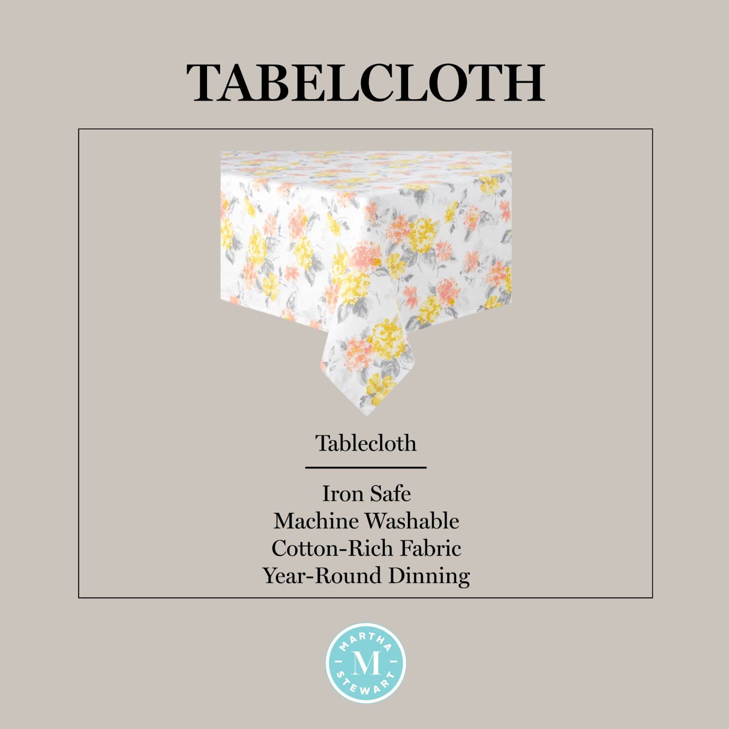 Martha Stewart Amber Floral Polyester Cotton Rectangle Tablecloth Single Pack, Yellow/Coral, 60''X84''