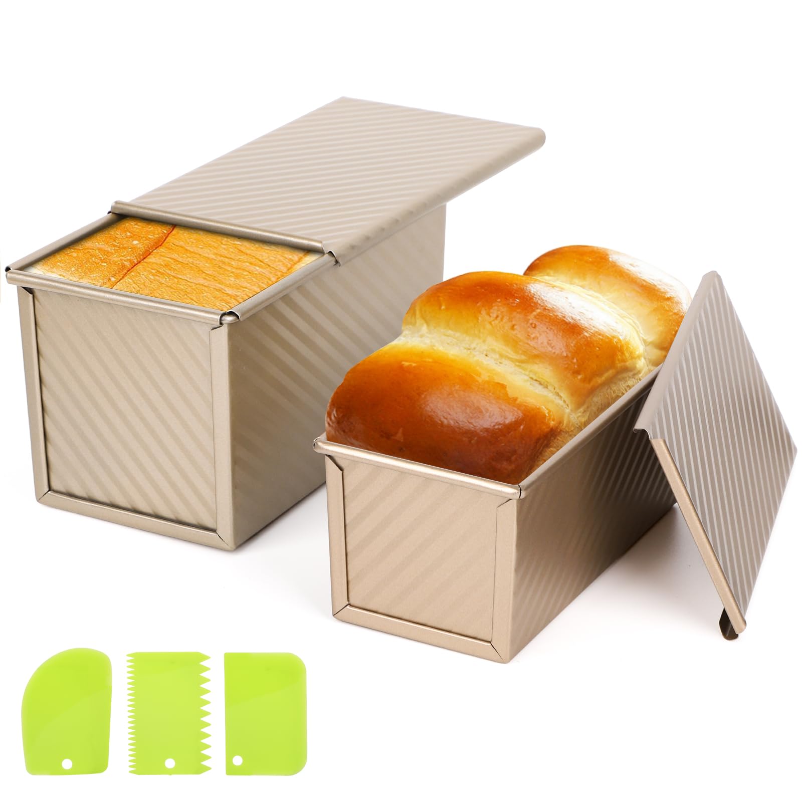Beasea Pullman Loaf Pan with Lid, 2 Pack Non-Stick Bread Loaf Pans 1 lb & 0.5 lb Carbon Steel Bread Toast Box with Dough Scraper