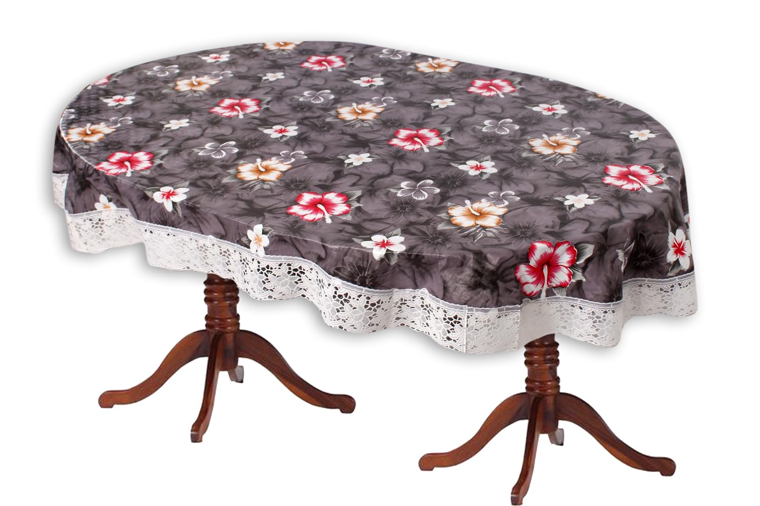 The Furnishing Tree Waterproof PVC Oval Shaped 4 to 6 Seater Table Cover WxL 54x78 inches Floral Grey with White Border lace