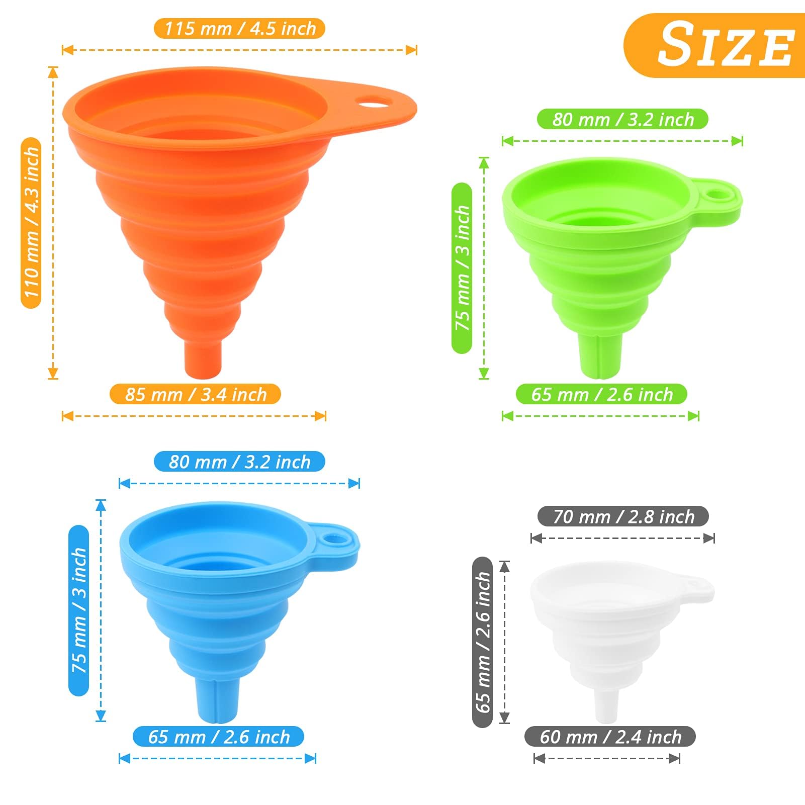 Kufung Kitchen Funnel Set 4 Pack - Food Grade Silicone Funnels For Kitchen Use, Filling Bottles - Small Funnel, Space-Saving Des