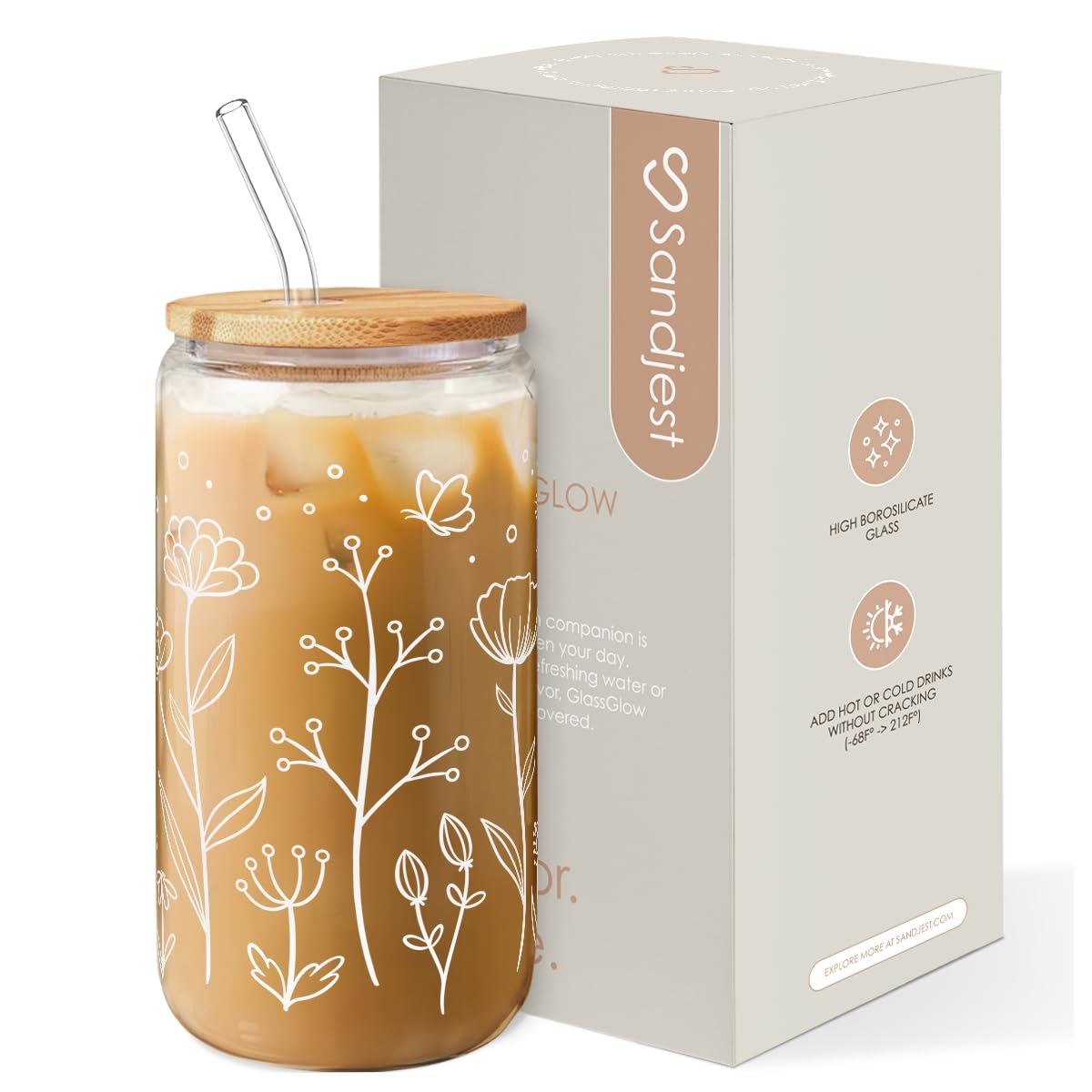 Floral Cup 16 Oz Can Glass with Bamboo Lid and Straw - Flower Glass Cup Gifts for Women - Wildflower Drinking Coffee Gifts