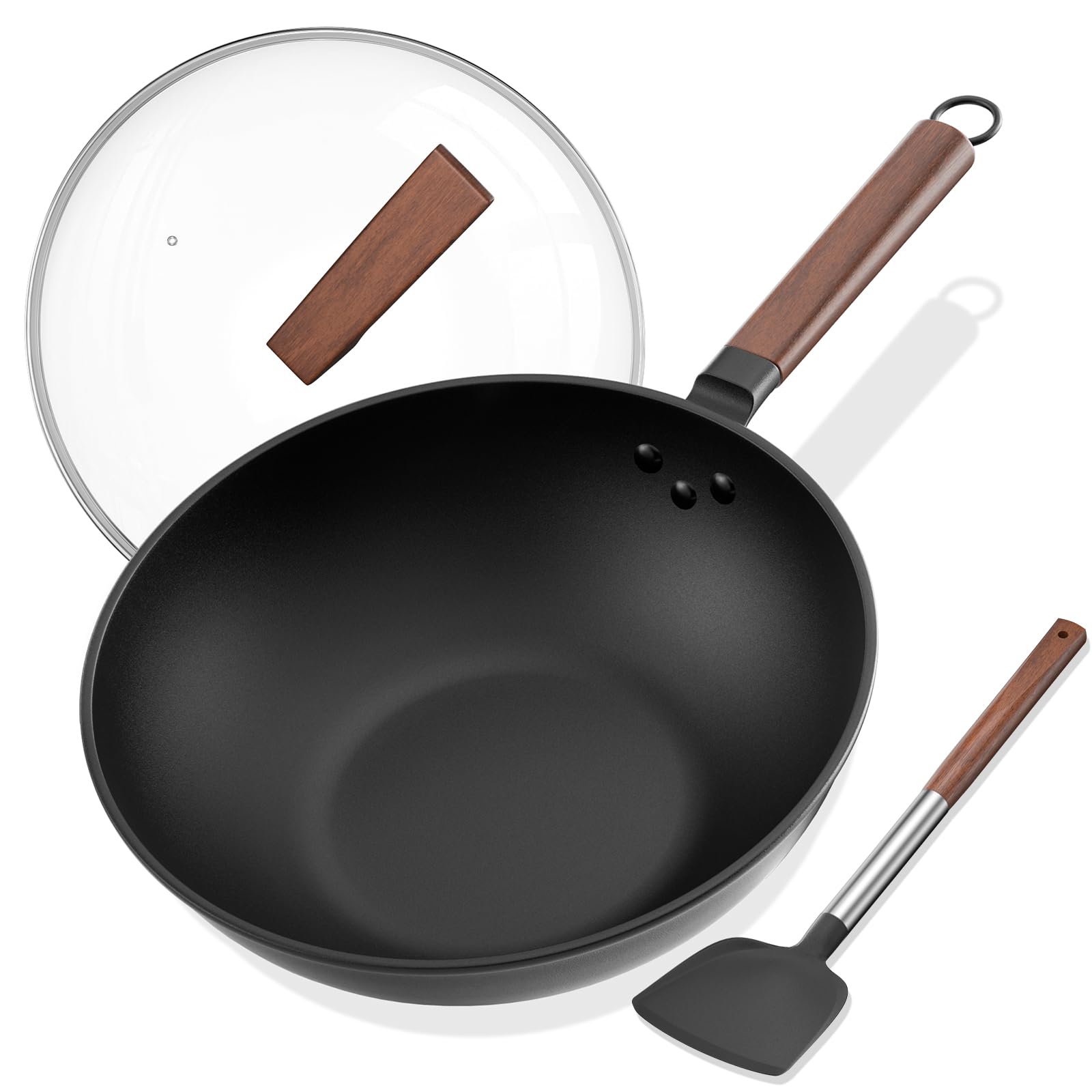 Todlabe Carbon Steel Wok - Including Glass Cover and Silicone Spatula, 13-Inch Woks & Stir-Fry Pans for Induction, Electric, Gas