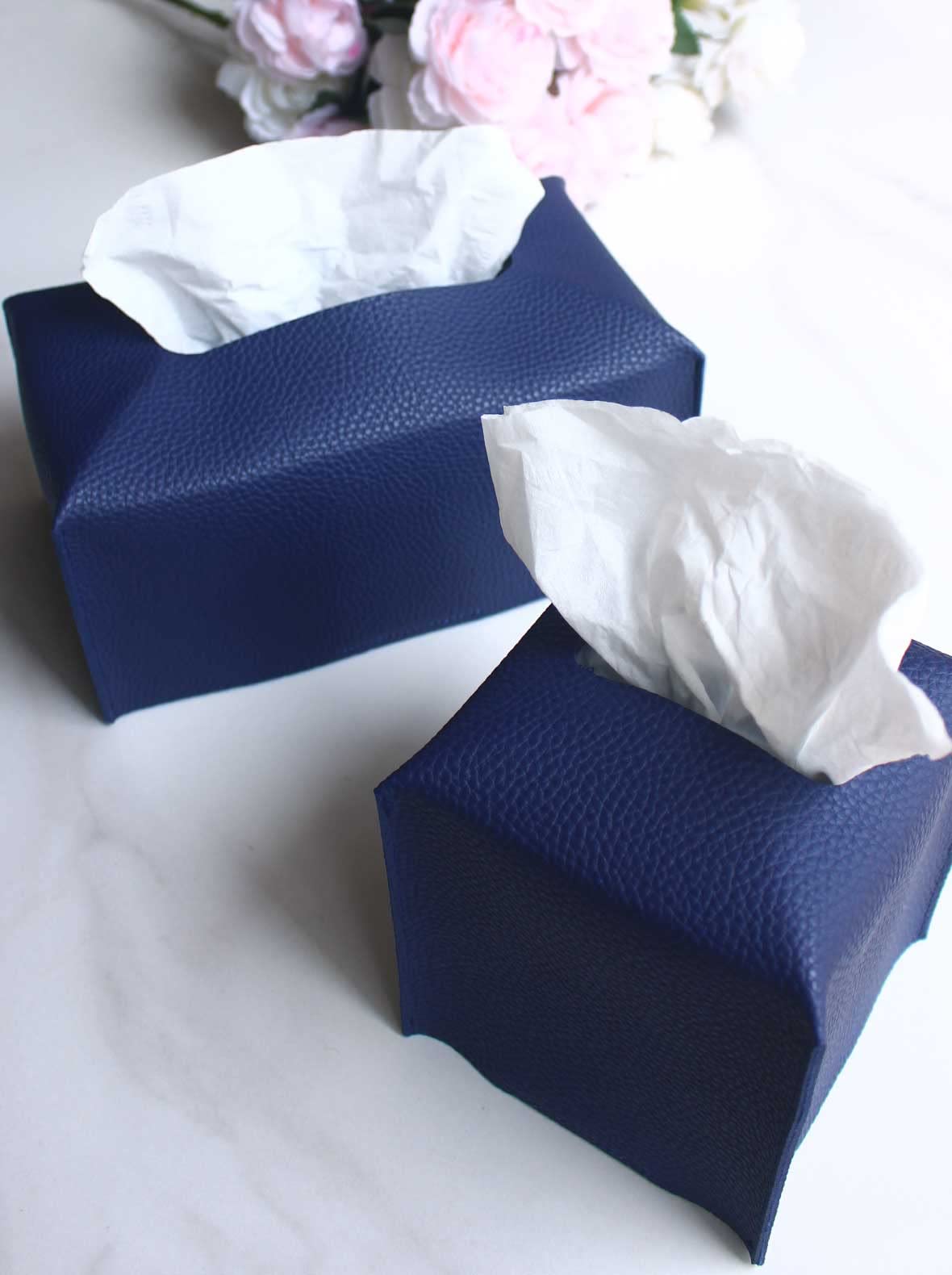 Tissue Box Cover Rectangular Leather - With Bottom Belt [Jesmini, Navy Blue] Modern Pu Leather Rectangle Tissue Box Cover Decora