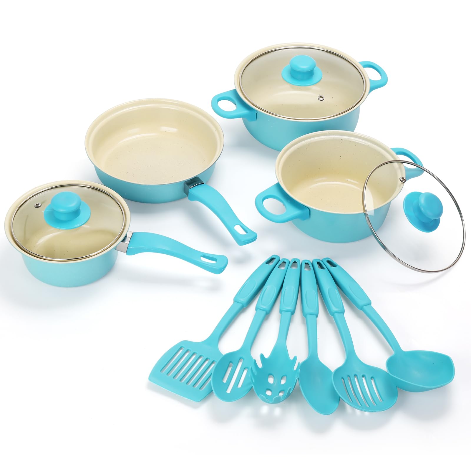 NonStick Cookware Set, 13 Piece Set Portable Lightweight Cast Iron Pots and Pans with Glass Lids and Nylon Utensils, Outdoor Ca