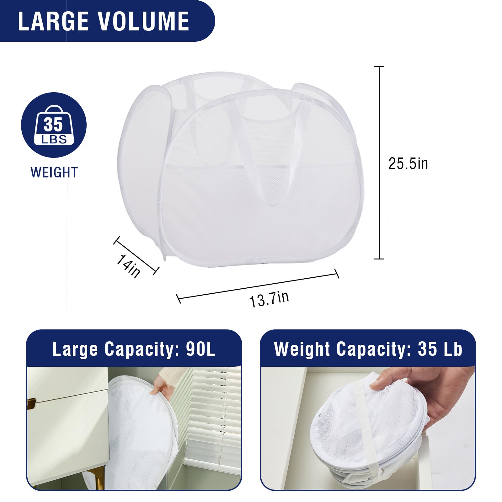 Techmilly Collapsible Mesh Pop Up Laundry Hamper With Strong Handles, Large Opening Clothes Hamper With Side Pockets, Storage Ba