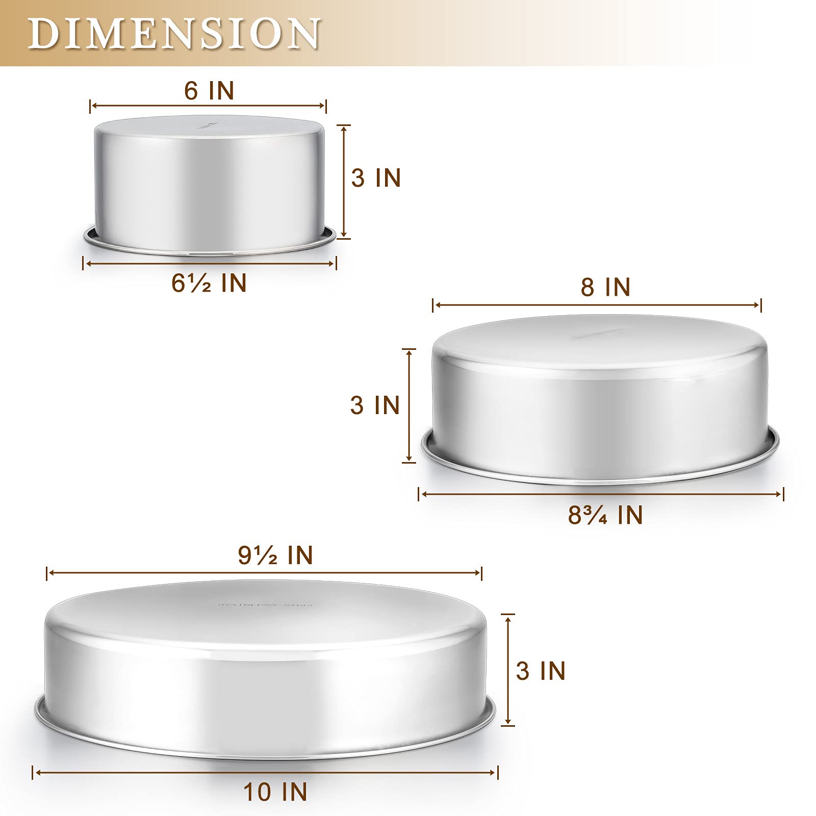 E-Far Deep Cake Pan Set Of 3 (6 Inch/8 Inch/9 Inch), Stainless Steel Round Layer Cake Baking Pans, Metal Tier Cake Tins For Wedd