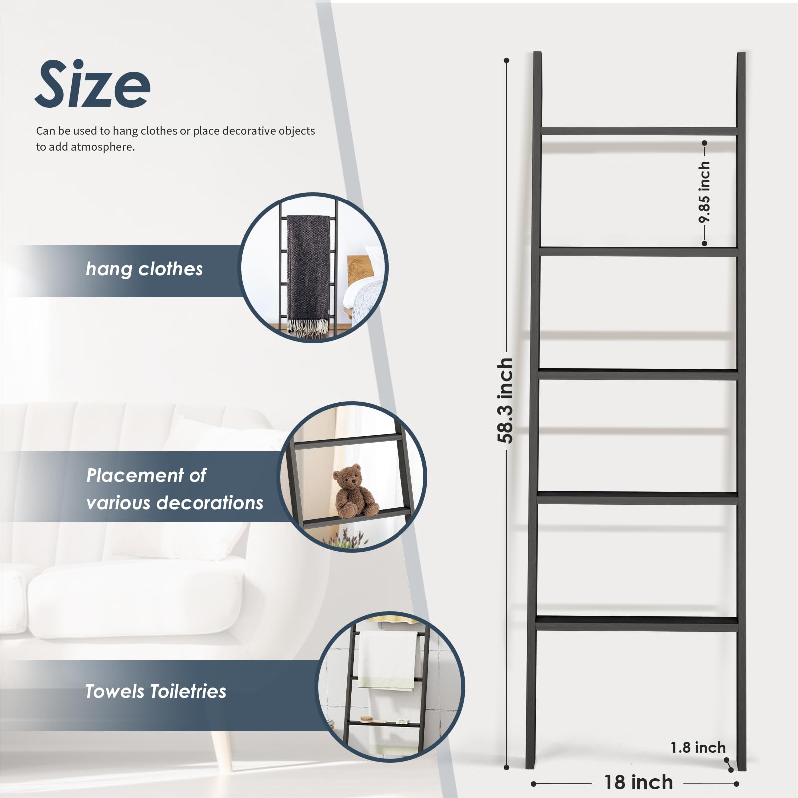 5-Tier Blanket Ladder Wooden, Non-Folding 4.8Ft(57.5'') Blanket Quilt Towel Holder Rack Decorative Ladder, Easy Assembly, Rustic