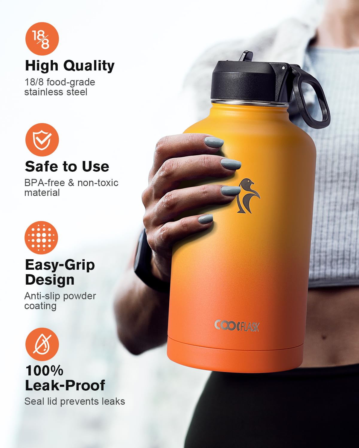 Half Gallon Water Bottle Insulated with Straw & 3 Lids, Coolflask 64 oz Water Jug Large Metal Stainless Steel Wide Mouth for Spo