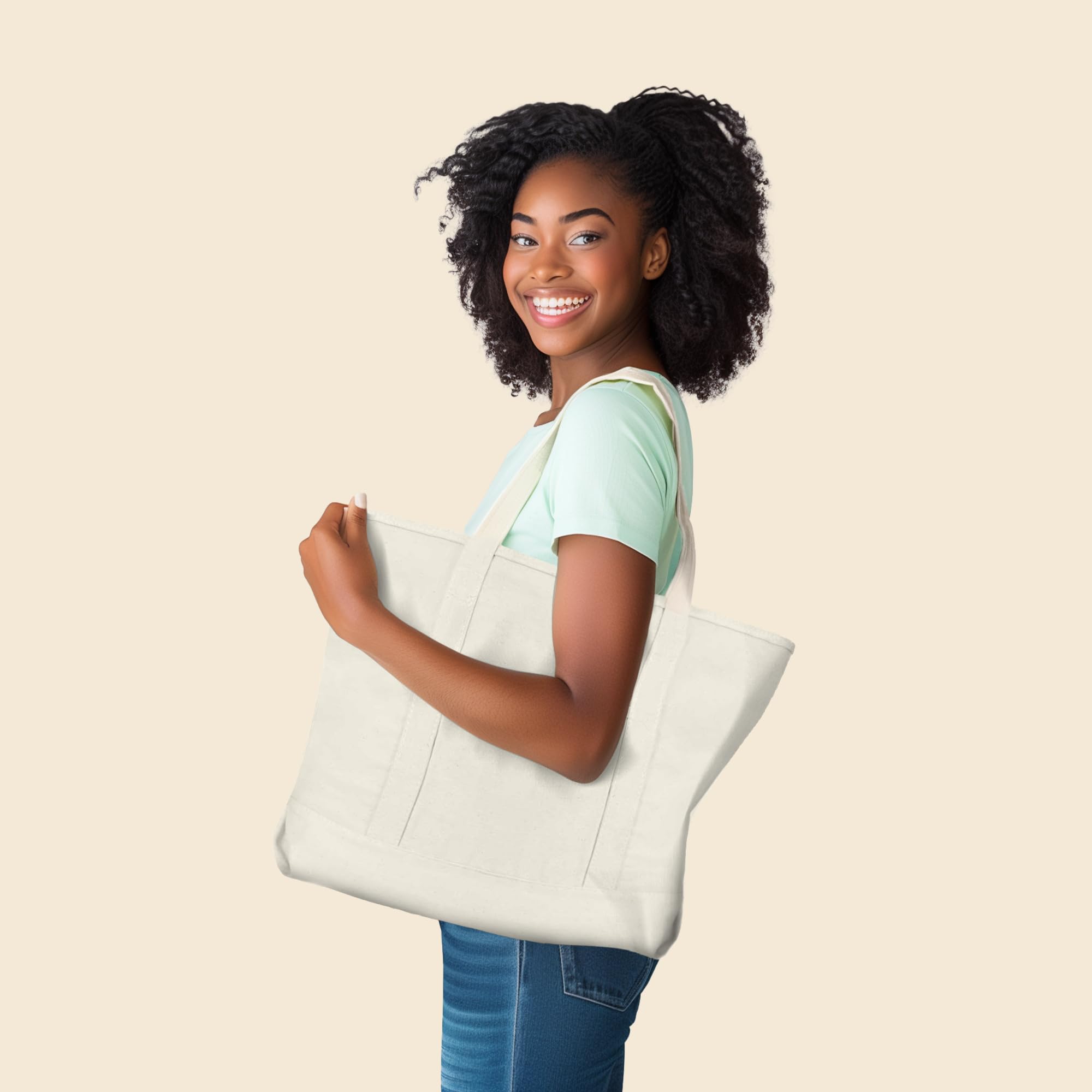 Dalix 22'' Large Cotton Canvas Zippered Shopping Tote Grocery Bag In Natural