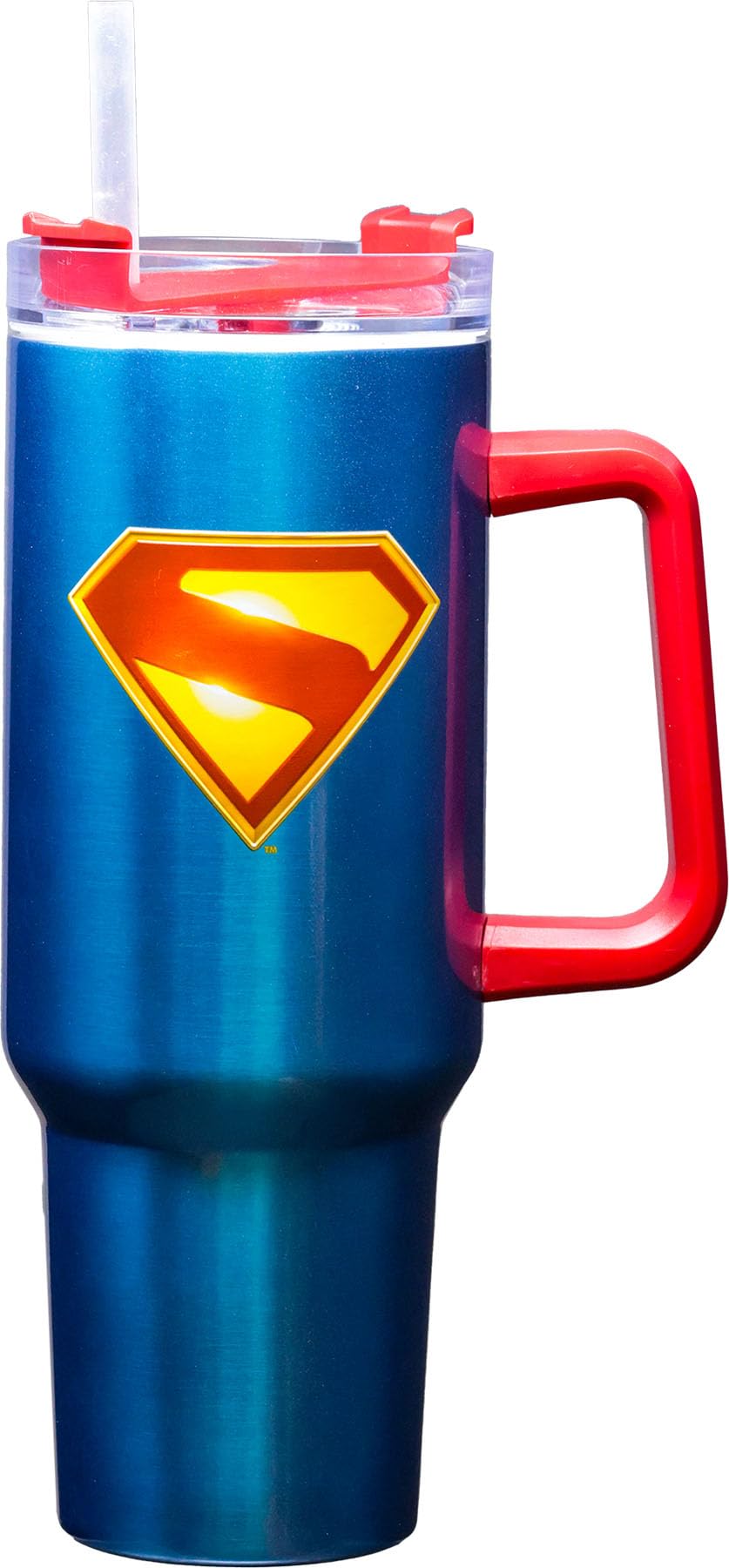 Spoontiques Superman Legacy Logo 40oz Stainless Steel Travel Mug - Double Wall Stainless Steel with Sliding Lock Travel Lid - 11