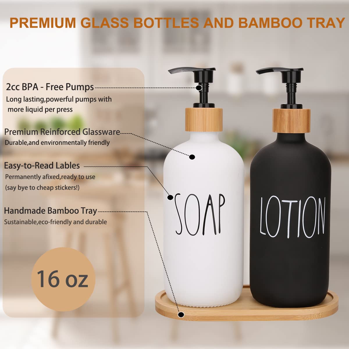 Soap Dispenser Bathroom Set, Hand Soap And Lotion Dispenser Set With Tray For Bathroom, Black And White Bathroom Decor Modern Fa