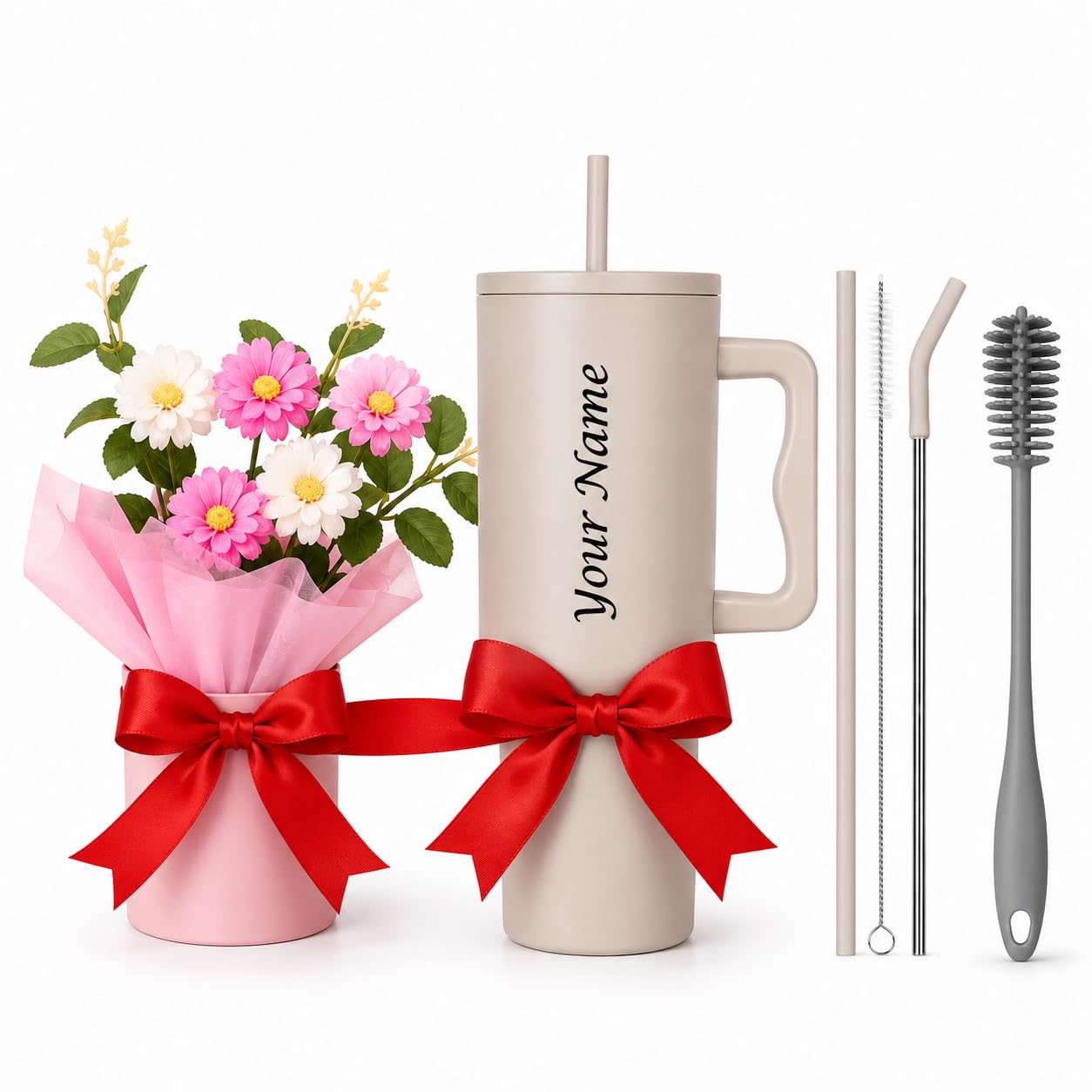 Kalqiad Custom Name Printed 1200Ml Travel Tumbler Gift Set With Flower Bouquet, Handle, Lid, Straw & Cleaning Brush, Personalize