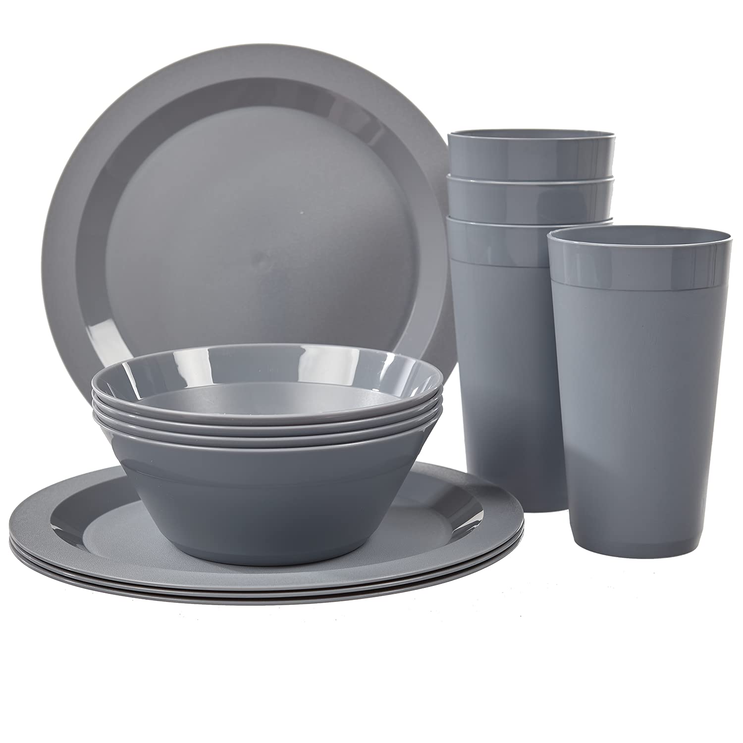 Us Acrylic Newport Plastic Plate, Bowl And Tumbler Dinnerware Set For 4 In Grey Stone | 12-Piece Drinking And Dining Set | Reusa