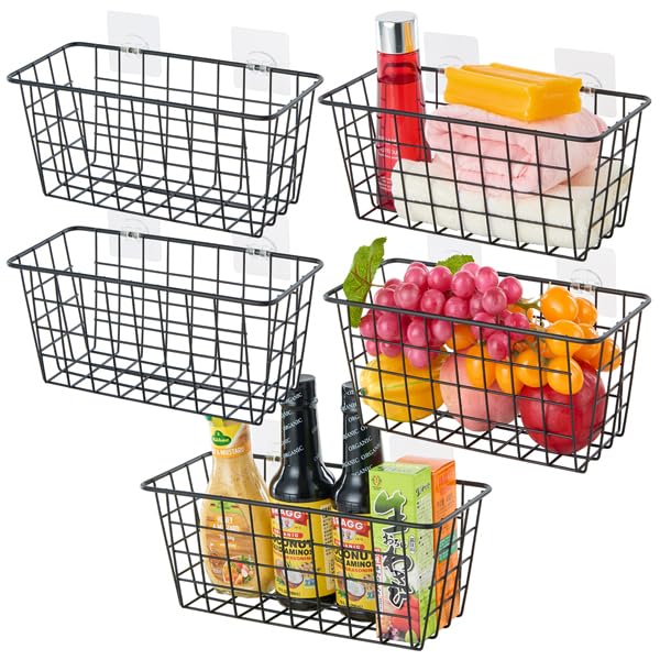 JUNCHU CHERRY 5 Pack Hanging Storage Basket, Bathroom Basket, Household Goods, with Traceless Tape, no Drilling, for Cabinet Sto