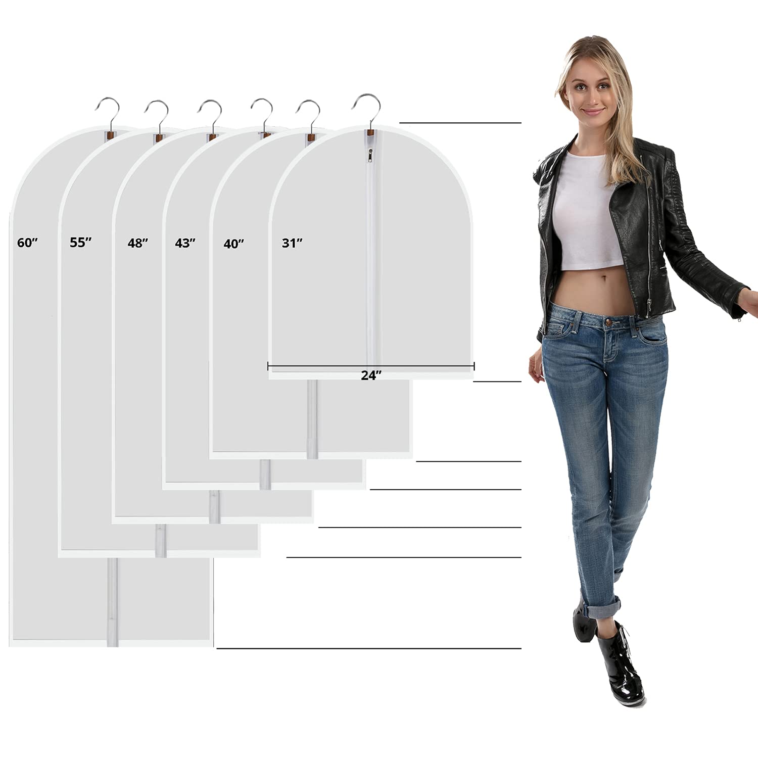 Plastic Garment Bags Clothing Storage Bags Hanging for Closet Storage Cloth Bags with Zipper for Suit Dress  Coat Travel Closet Clear Garment Bags Dust Garment Cover-24 ''X31 ''/6 Pack
