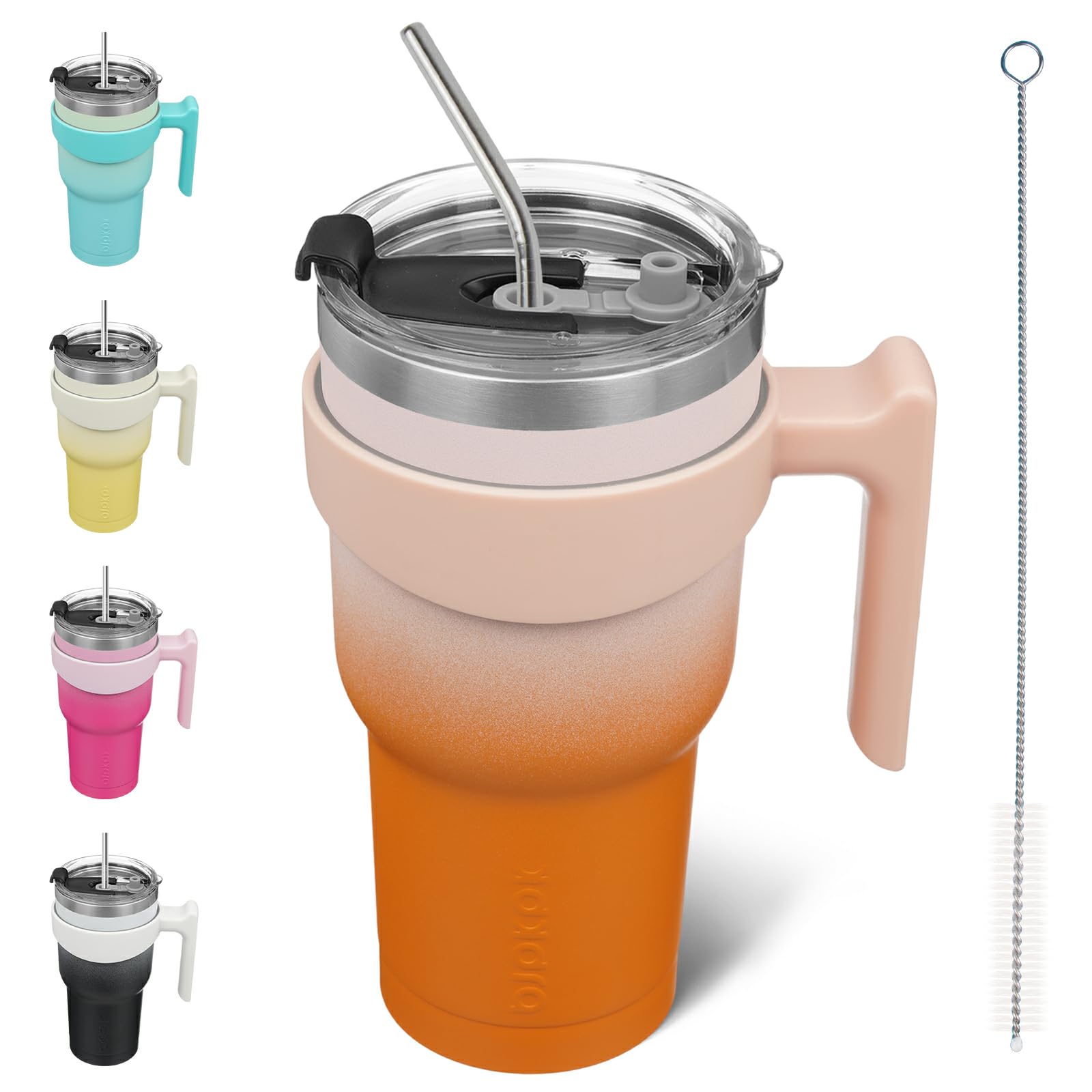 Bjpkpk 30 Oz Tumbler With Handle And Straw Stainless Steel Insulated Tumbler With Lid Reusable Metal Coffee Cups,Coral