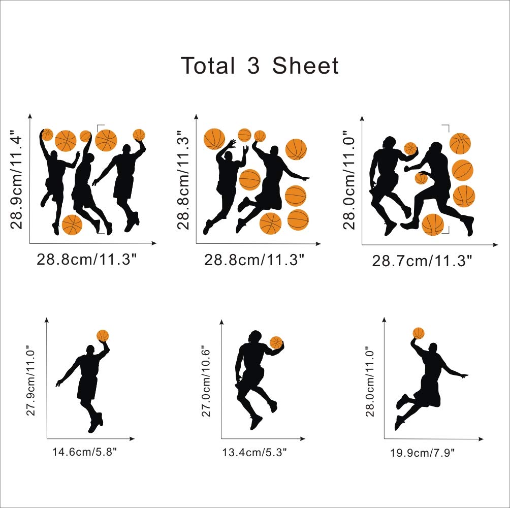Basketball Slam Dunk Silhouette Wall Decals (20 Decals) Sport Player Wall Stickers Peel& Stick Jumpman Wall Art For Boys Teens L