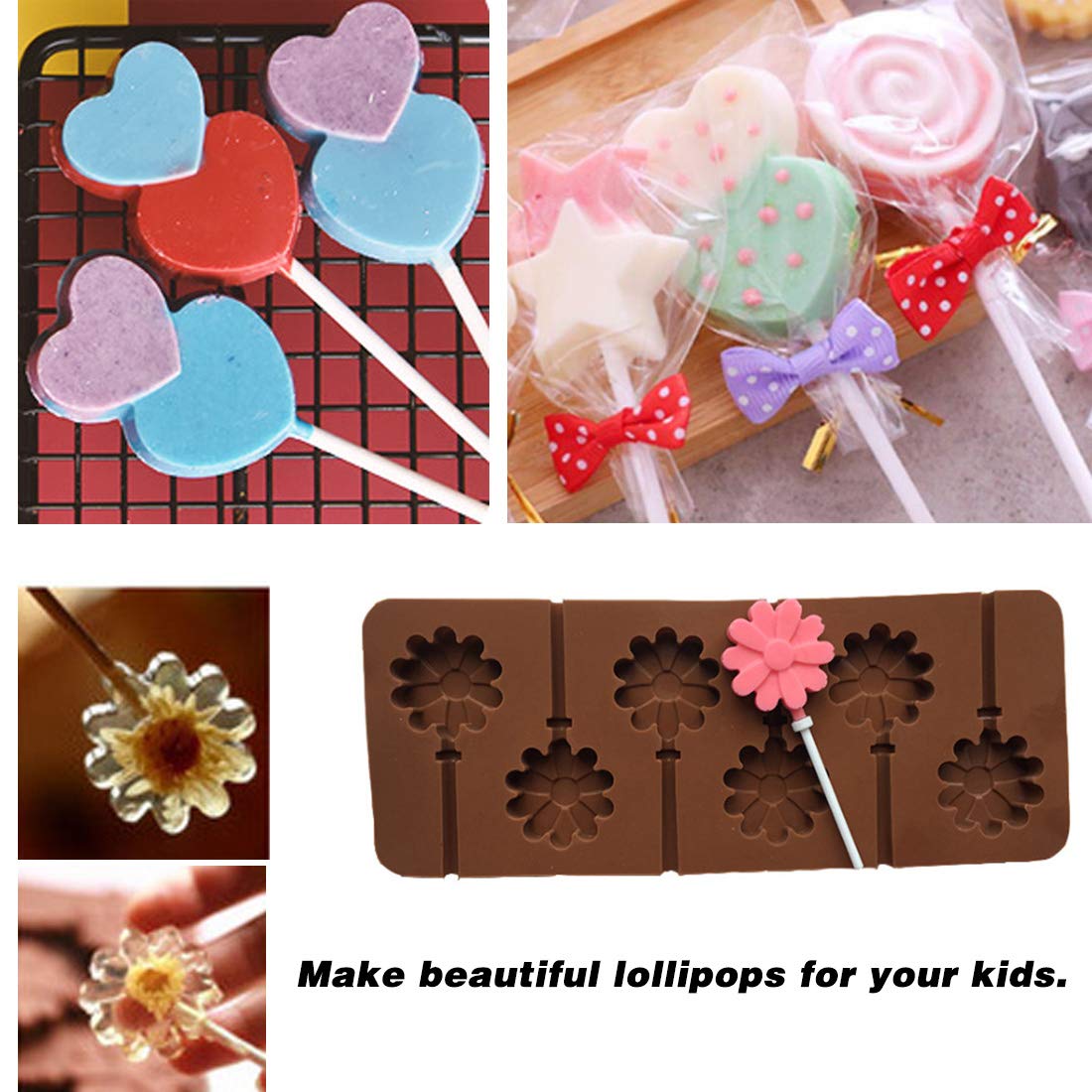 Set Of 4 Silicone Lollipop Molds (Heart, Star, Round, Flower), Tunan 6-Cavity Molds Chocolate Hard Candy Jelly Fondant Mould Wit
