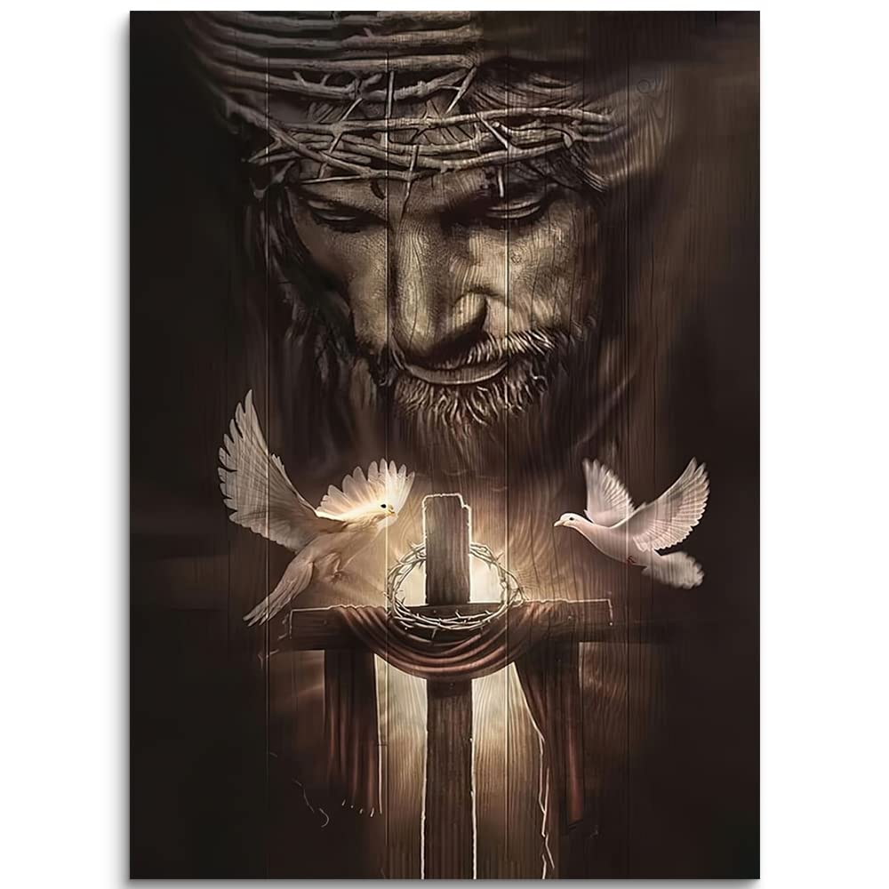 Fchen Art Christian Jesus Lion Canvas Wall Art Jesus And The Cross And The Dove Of Peace Wall Decor Jesus Artwork Christian Wall