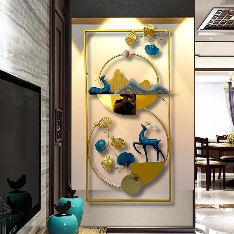 Rsn Big Metal Wall Decor,3D Handmade Deer With Zinko Leaves Iron Wall Art Decor, Large Modern Deer Home Metal Wall Hangings, Liv