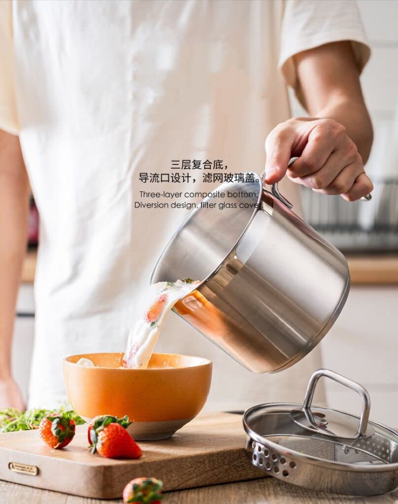 1.5 Quart Saucepan With Pour Spout, Multi Pot With Straining Lid And Soup Serving Spoon - Perfect For Boiling Milk, Sauce, Gravi