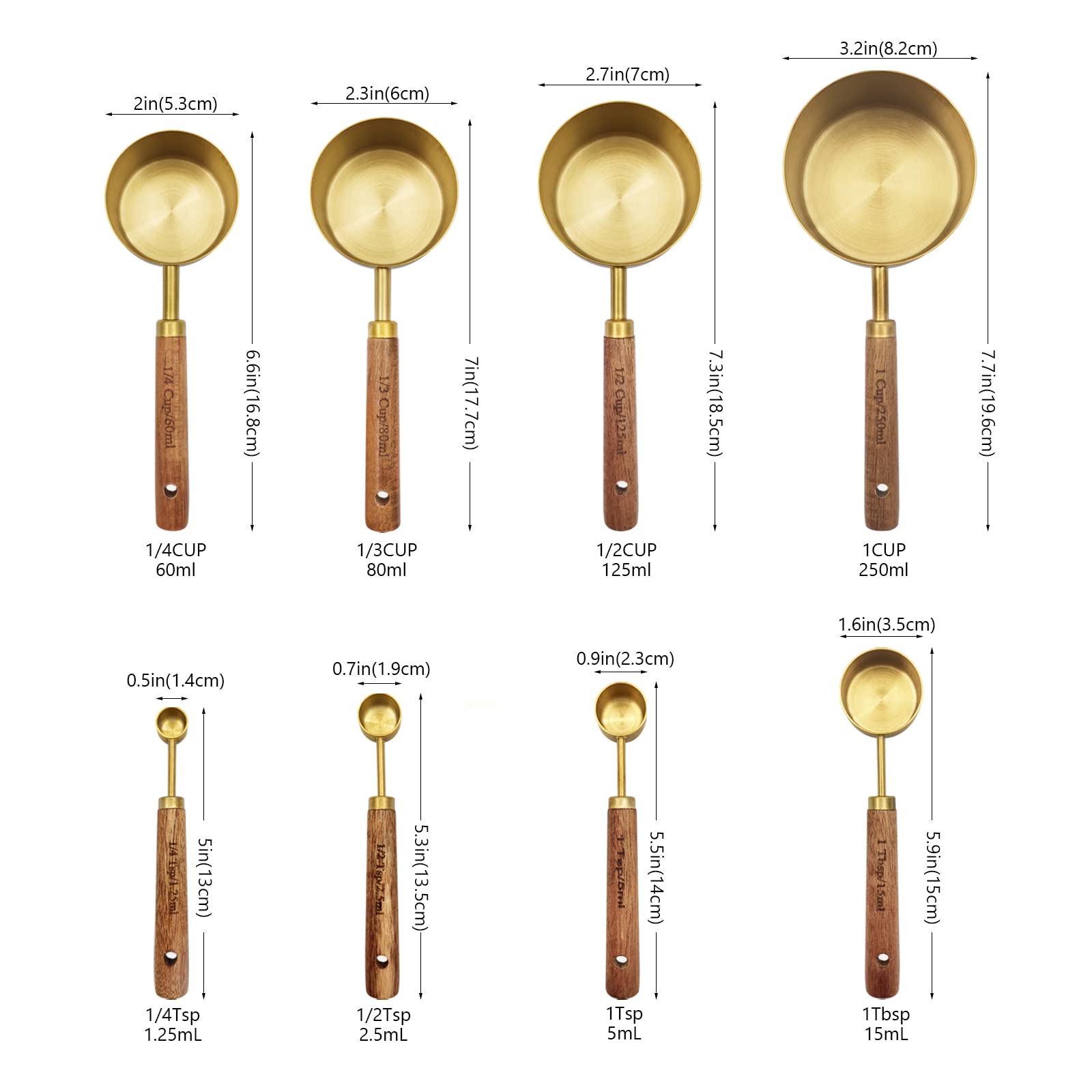 Zalaxt Gold Measuring Cups And Spoons Set With Fragrant Wood Handle, Measuring Cups, Metal Measuring Spoons And Measuring Cup Se