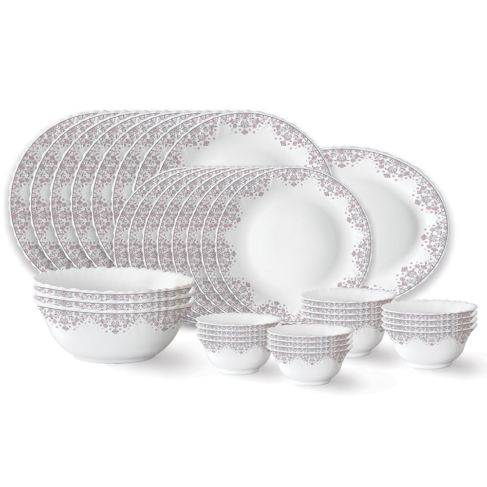 Larah By Borosil Lark Fluted Series Opalware Dinner Set | 36 Pieces For Family Of 8 | Microwave & Dishwasher Safe | BoneAsh Fre