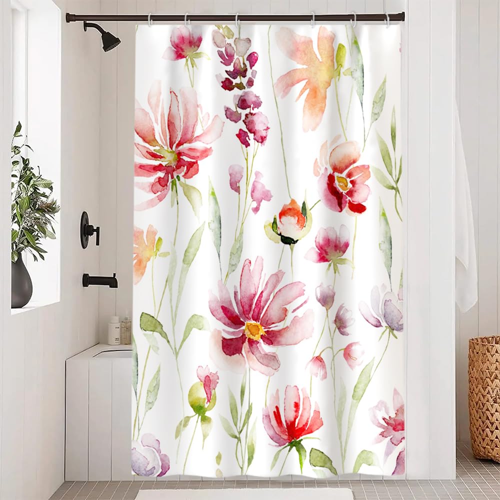 Ruelvth Spring Shower Curtain, Red And Green Floral Shower Curtain For Bathroom Waterproof Watercolor Botanical Shower Curtain S