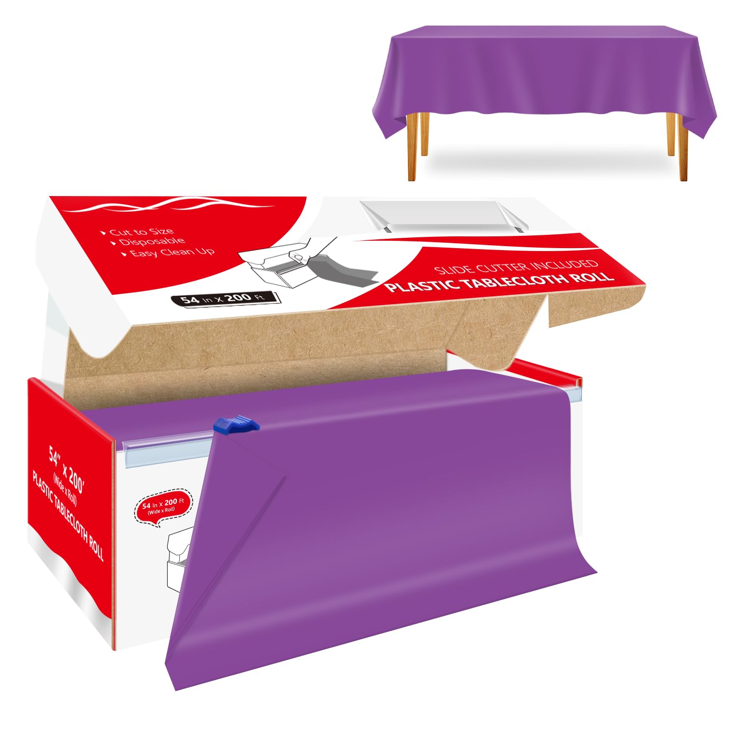 Xnluothsk 54 Inch x 200 Feet Purple Plastic Tablecloth Roll Cut to Size Disposable Table Cover with Cutter Box Plastic Table Clo