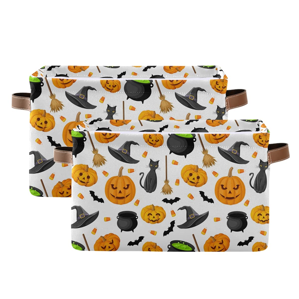 Senya Halloween Basket, Large Foldable Storage Basket With Handles Halloween Pumpkin Black Cat Ghost Bat Pattern Fabric Collapsi