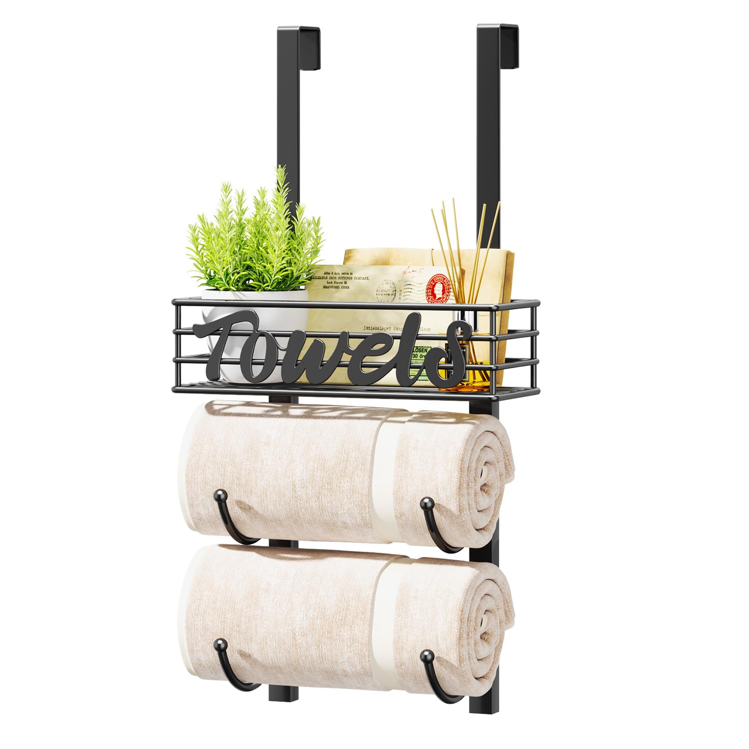 HapiRm Towel Racks for Bathroom Storage - 3 Tier Over The Door & Wall Mount Rolled Towel Storage Organizer Holder with Metal She