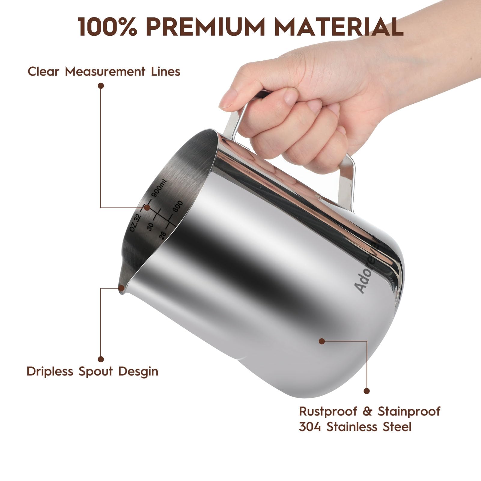 Milk Frothing Pitcher, 32Oz Steaming Pitcher Stainless Steel Espresso Machine Accessories For Coffee Bar, Cappuccino Barista Too