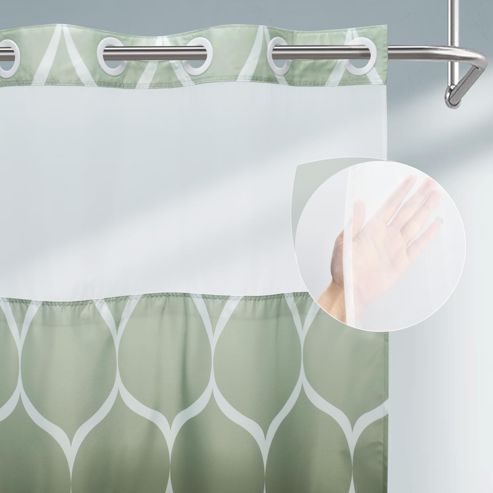 Yiatn No Hook Ombre Sage Green Shower Curtain With Snap In Fabric Liner Set - Hotel Style With See Through Mesh Top Window, Mode