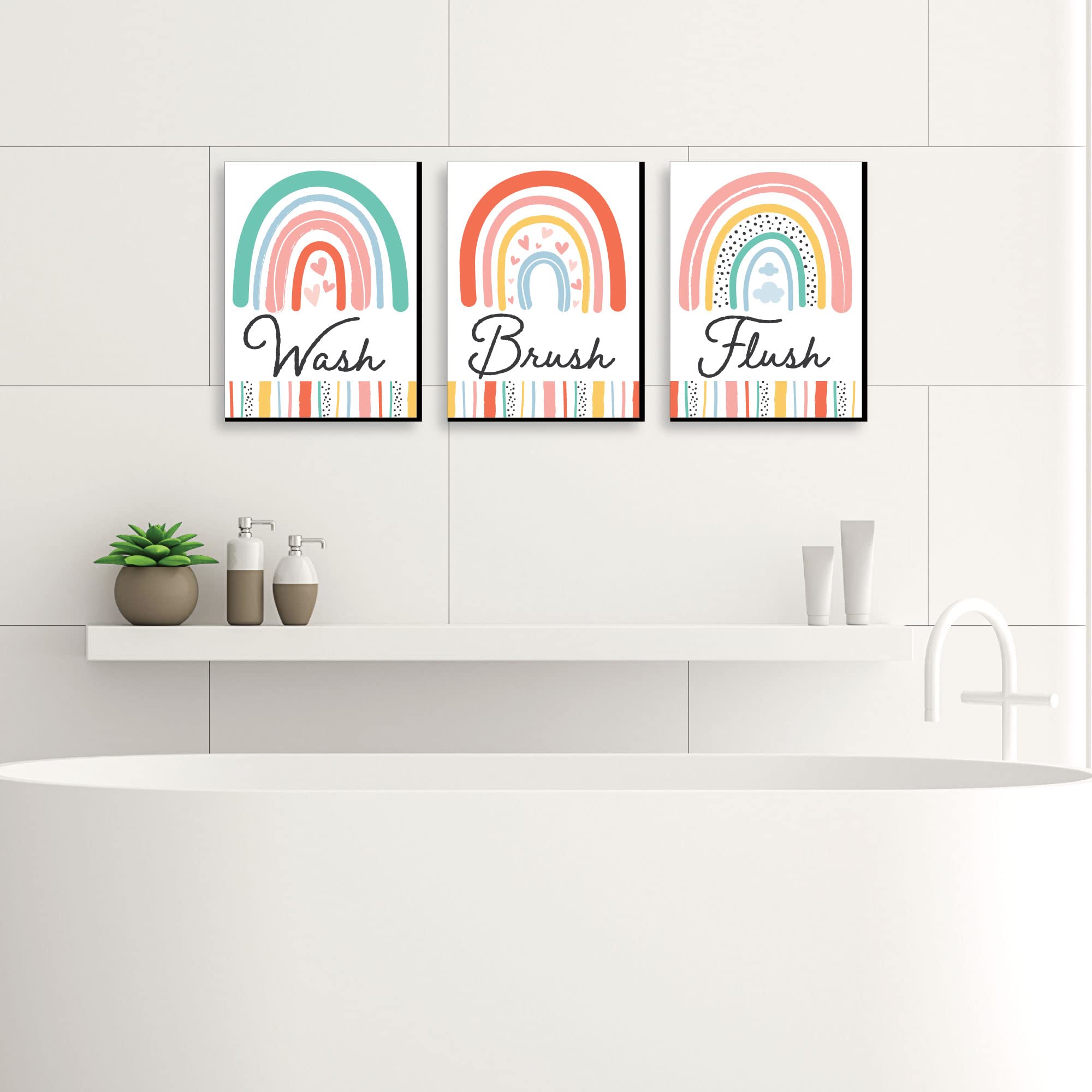 Big Dot Of Happiness Hello Rainbow - Boho Kids Bathroom Rules Wall Art - 7.5 X 10 Inches - Set Of 3 Signs - Wash, Brush, Flush
