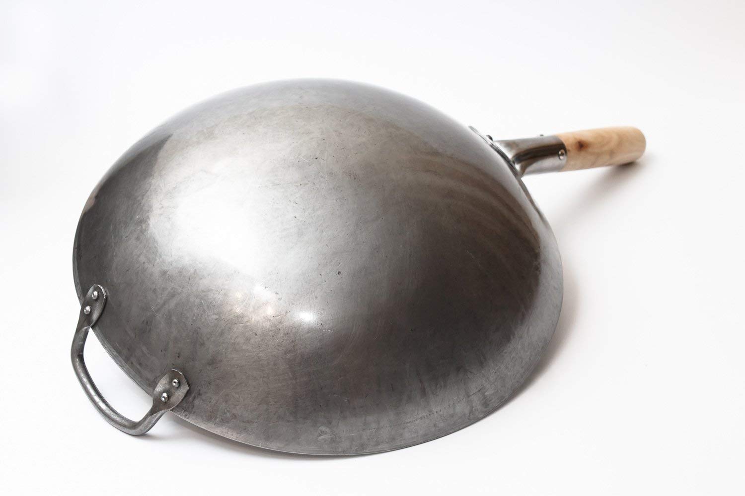 craft Wok Traditional Hand Hammered carbon Steel Pow Wok with Wooden and Steel Helper Handle (14 Inch  Round Bottom)  731W88
