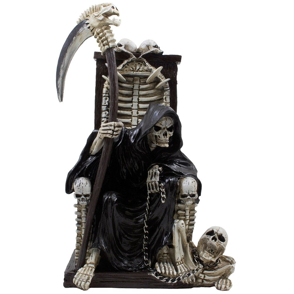 Decorative Spooky Grim Reaper Sitting on Bone Throne of Skeletons and Skulls Statue for Scary Halloween Decorations or Horror Mo