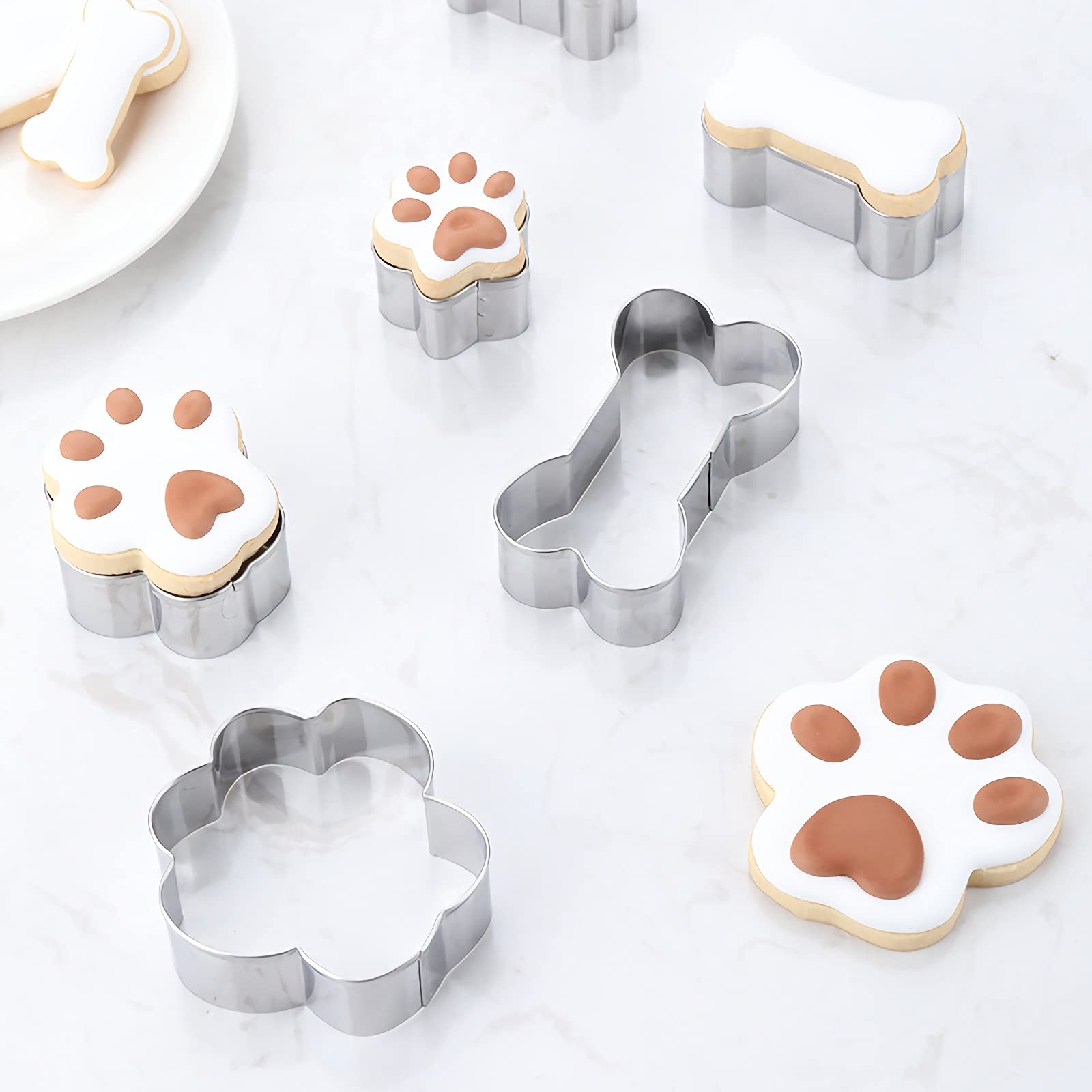 Dog Bone And Dog Paw Print Cookie Cutters Baking Set, Azflyife 8 Pieces Stainless Steel Metal Biscuit Cookie Mold For Homemade T