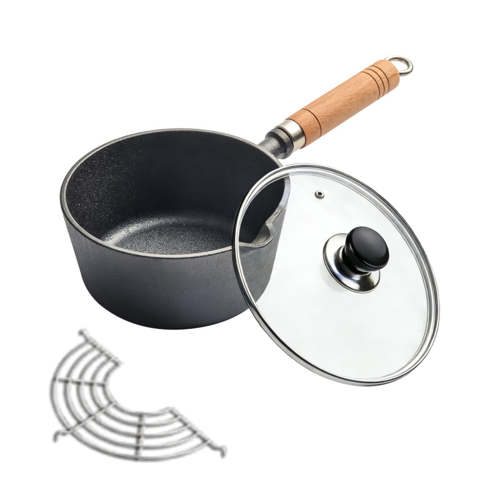 PreSeasoned Cast Iron Saucepan with Glass Lid & Wooden Handle, 2 Quart Small Basting Pot, Induction Compatible, with Fryer Rack