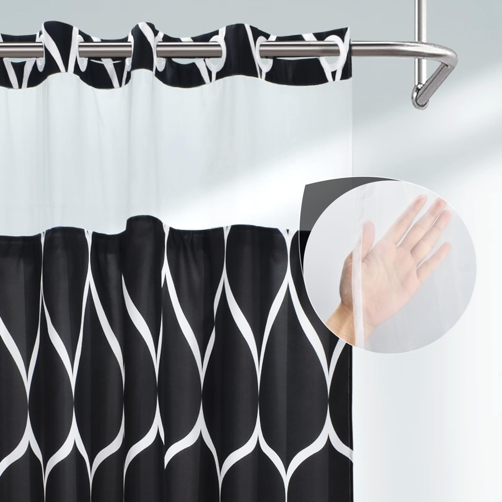 Yiatn No Hook Black Shower Curtain With Snap In Fabric Liner Set - Hotel Style With See Through Mesh Top Window - 71X74 Inch