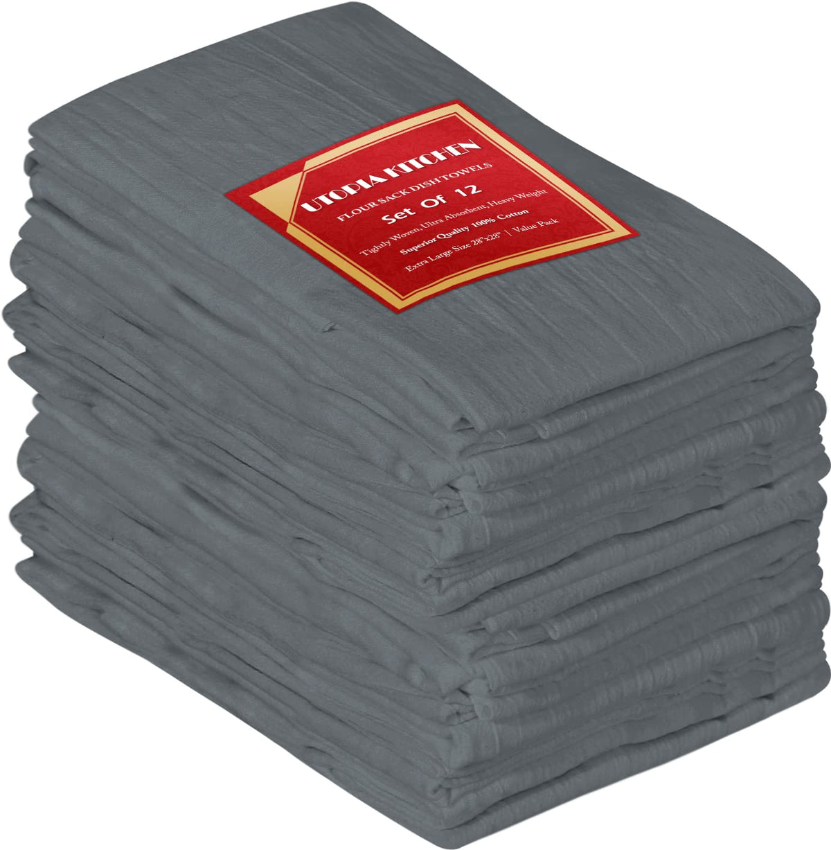 Utopia Kitchen Light Grey Flour Sack Towels [12 Pack - 28 X 28 Inch] 100% Cotton Tea Towels For Cleaning & Drying - Highly Absor