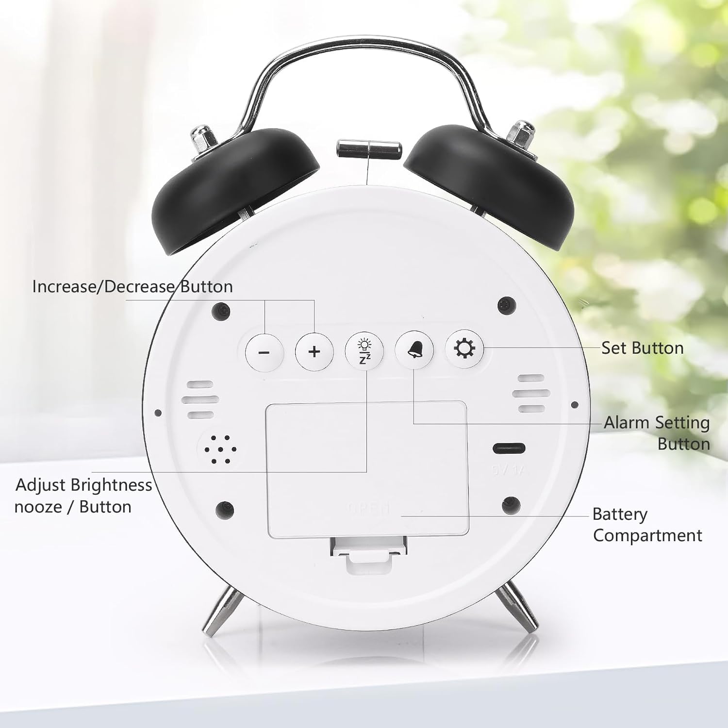 Aerys 4.5-Inch Digital Alarm Clock, Double Bell Led Silent Metal Clock With Night Light, Loud Bedside Alarm For Heavy Sleepers,