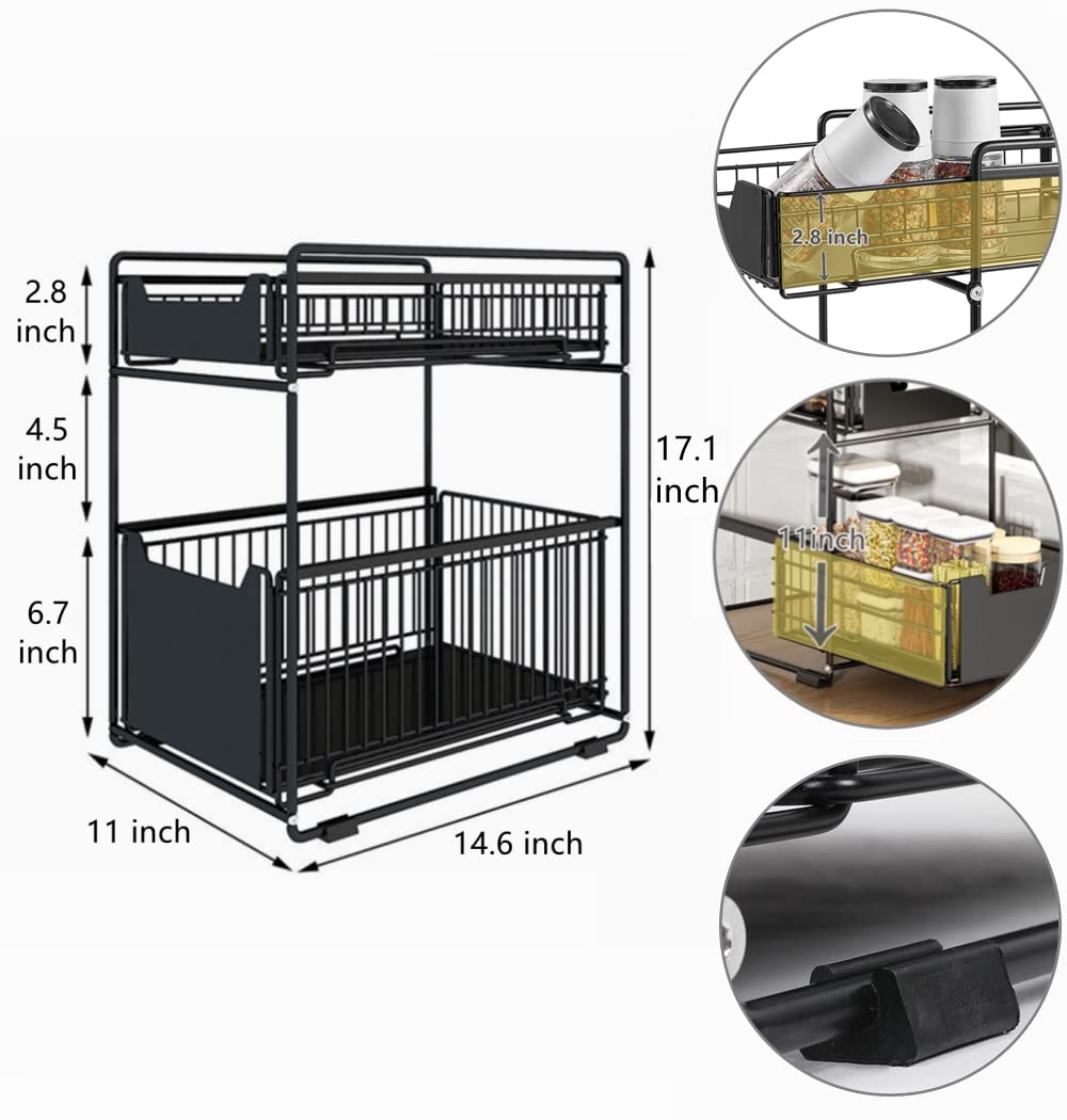 Lexza 2 Pack - 2-Tier Under Sink Organizers And Storage With Sliding Storage Drawer For Kitchen And Bathroom Cabinet Countertop,