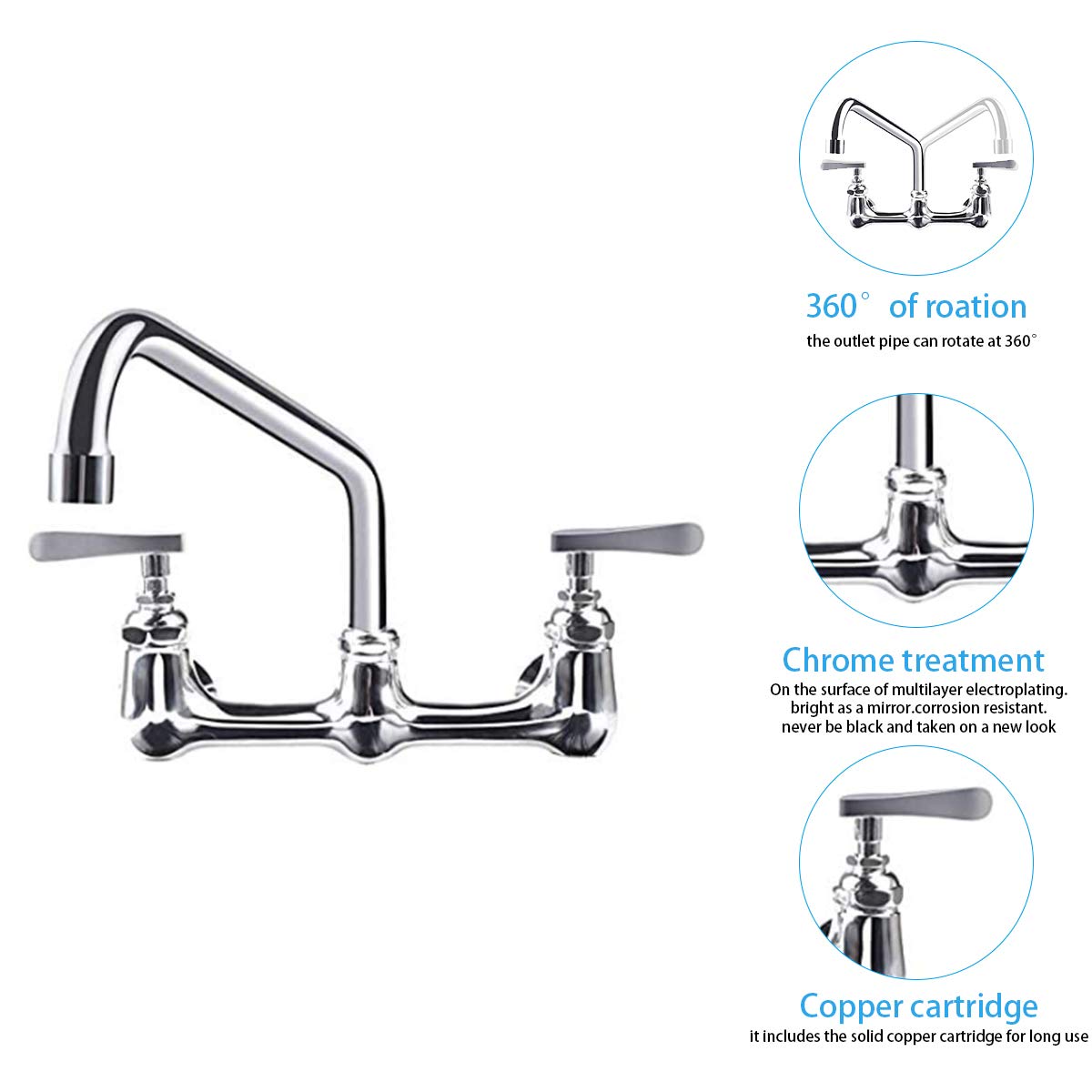 Kwode 8 Inch Center Commercial Sink Faucet With 10    Swivel Spout, Commercial Wall Mount Kitchen Faucet For Kitchen Sink 2-Hand