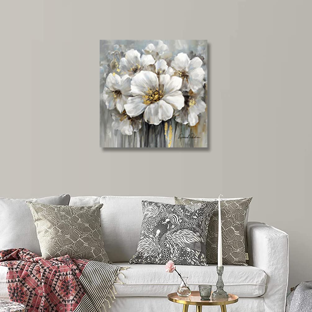 Flower Picture Decor Wall Art White And Gray Floral With Gold For Bedroom Bathroom Walls Decoration, Canvas Framed 36''X36''