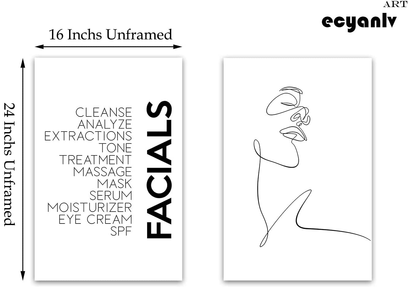 Ecyanlv Minimalist Line Art Print Facials Quotes Wall Art Black And White Canvas Print Spa Beauty Decor Woman Face Sketch One Li