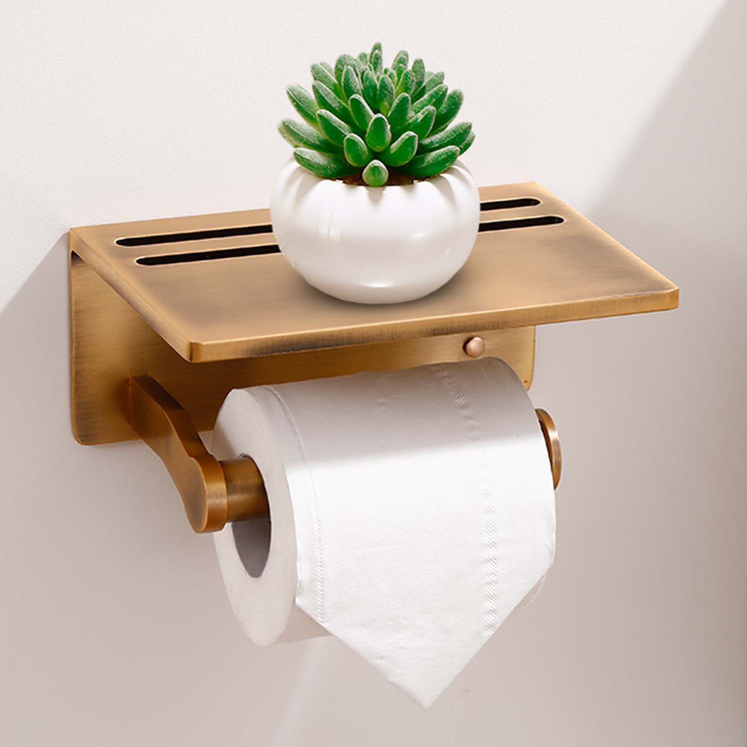Smarthome Toilet Paper Holder with Shelf  Aluminum Tissue Roll Dispenser with Mobile Phone Storage Shelf for Bathroom  3M Self Adhesiv or Wall-Mounted with Screws  Antique Brass
