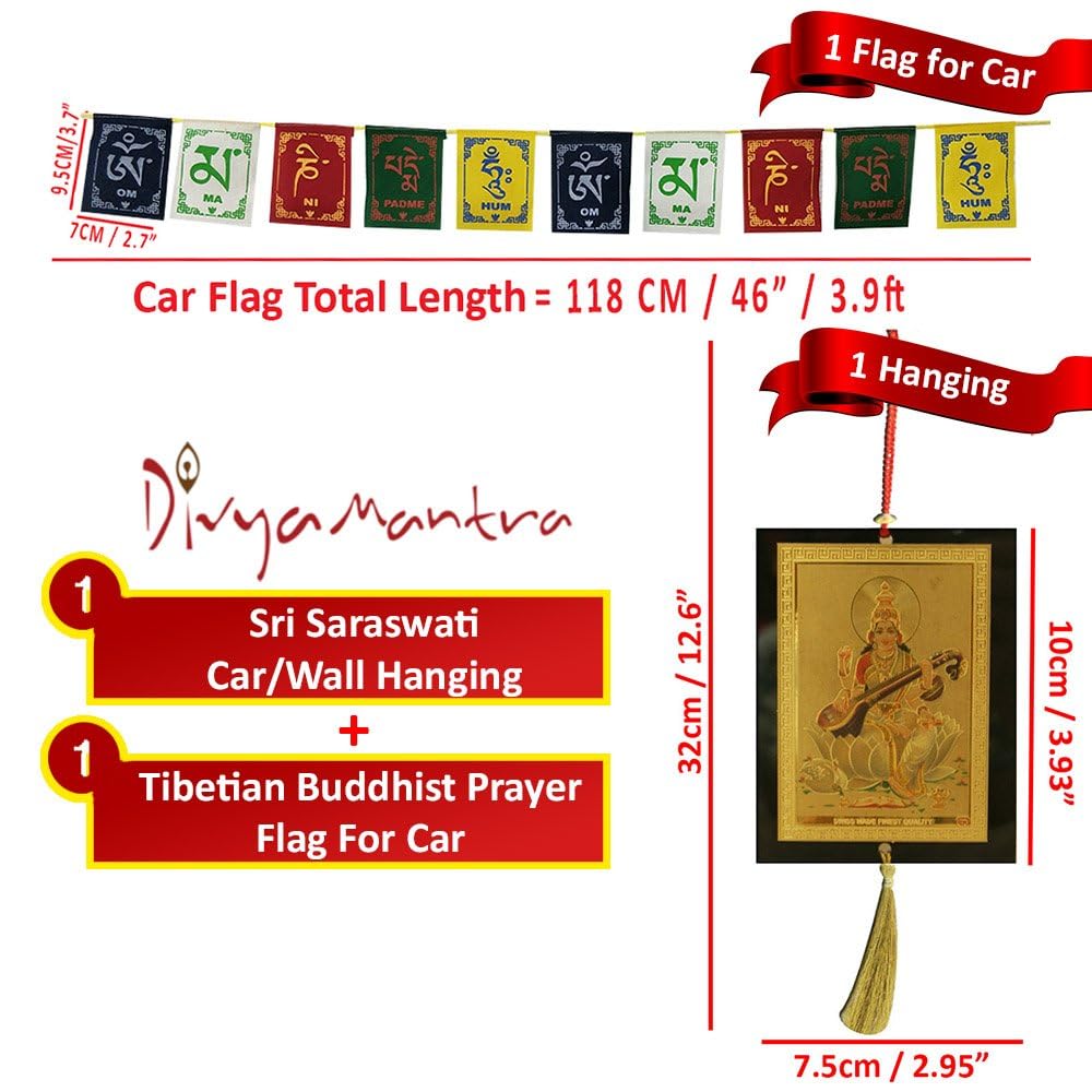 Divya Mantra Combo Of Saraswati Car Decoration Rear View Mirror Hanging Accessories And Prayer Flag For Car