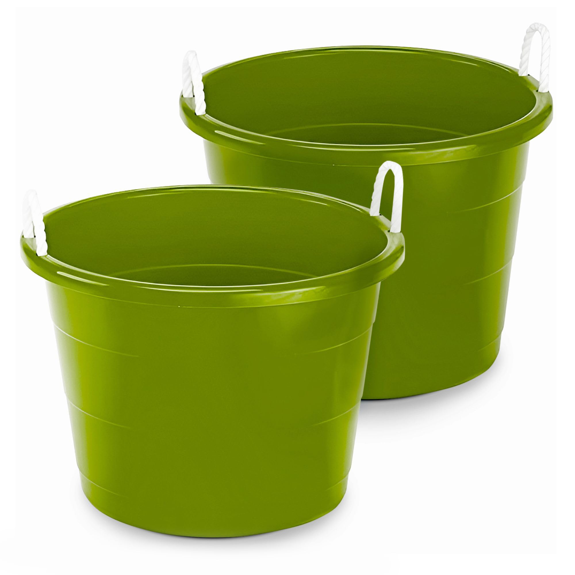 HOMZ 2-Pack Utility Tub, Large Plastic Storage Bucket with Rope Handles, 17 Gallon, Green - Portable Indoor and Outdoor Buckets 