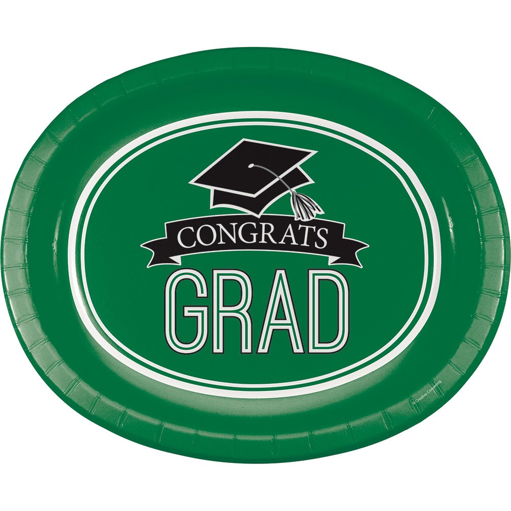 Creative Converting 8 Count School Spirit Oval Graduation Party, Emerald Green Paper Platter, One Size